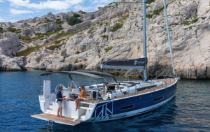 A man in a blue shirt and a woman in a yellow shirt sitting on a Dufour sailboat